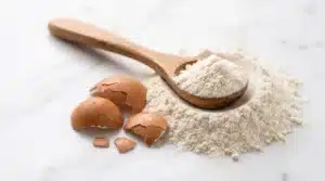 High-quality natural eggshell membrane collagen powder with fine texture, displayed with raw eggshell and wooden spoon.