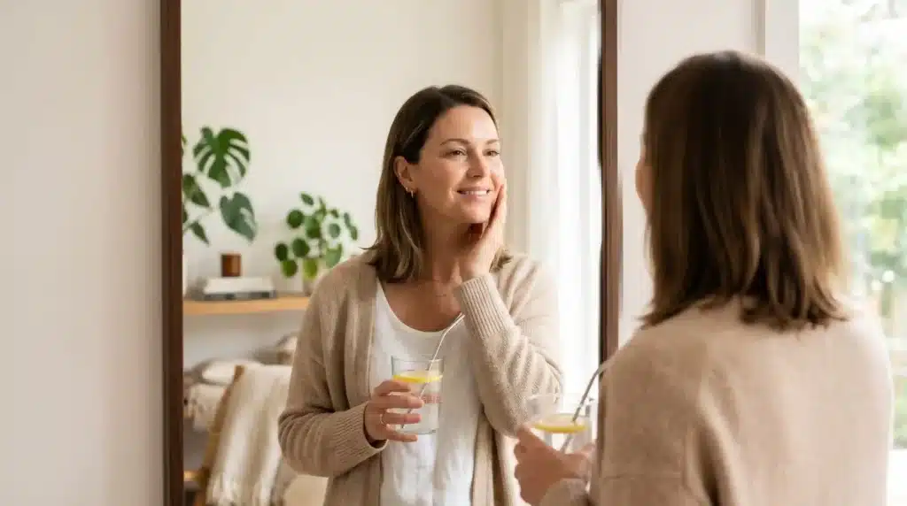 Woman with glowing radiant skin holding collagen drink, representing eggshell membrane collagen benefits for skin elasticity and hydration.