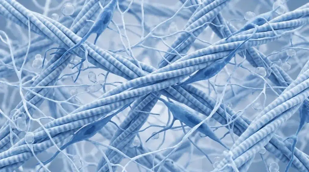 3D scientific rendering of the interwoven network of collagen types in eggshell membrane including types I, V, and X.