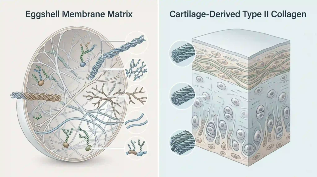 Infographic comparing eggshell membrane collagen types I V X elastin HA GAGs with cartilage type II collagen