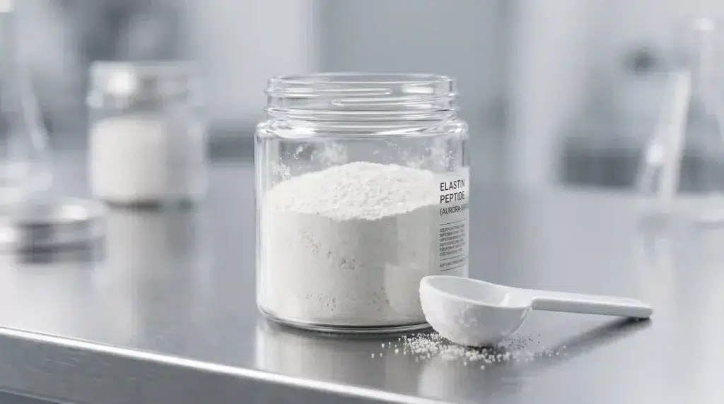 Elastin peptide powder in glass jar with scoop on laboratory table