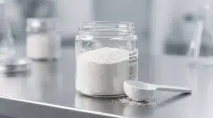 Elastin peptide powder in glass jar with scoop on laboratory table