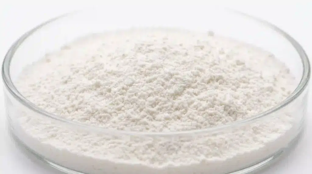 Fine white fermented eggshell membrane collagen powder in a glass dish, showcasing ultra-fine particle size for instant solubility.