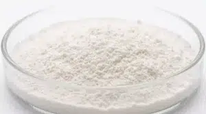 Fine white fermented eggshell membrane collagen powder in a glass dish, showcasing ultra-fine particle size for instant solubility.