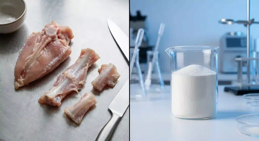 Fresh poultry cartilage and pure extracted powder representing foods high in collagen type 2 and clinical supplements.
