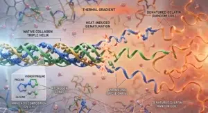 3D scientific rendering of thermal denaturation destroying the active protein structure in cooked foods with collagen type 2.