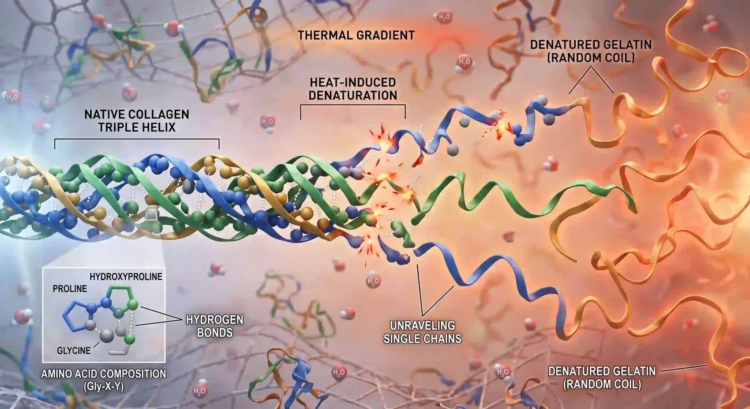 3D scientific rendering of thermal denaturation destroying the active protein structure in cooked foods with collagen type 2.