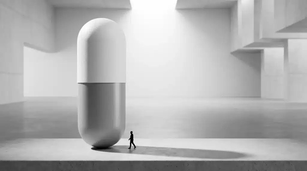 Creative forced-perspective photography of giant grass-fed beef protein isolate capsule with tiny person silhouette