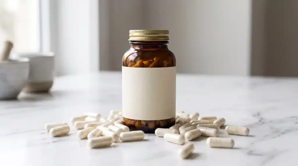 Grass-fed beef protein isolate capsules in amber glass bottle for sports nutrition supplementation