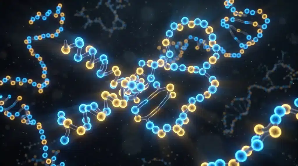 3D molecular visualization of grass-fed beef protein isolate peptide chains with amino acid spheres in blue and gold
