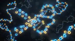 3D molecular visualization of grass-fed beef protein isolate peptide chains with amino acid spheres in blue and gold