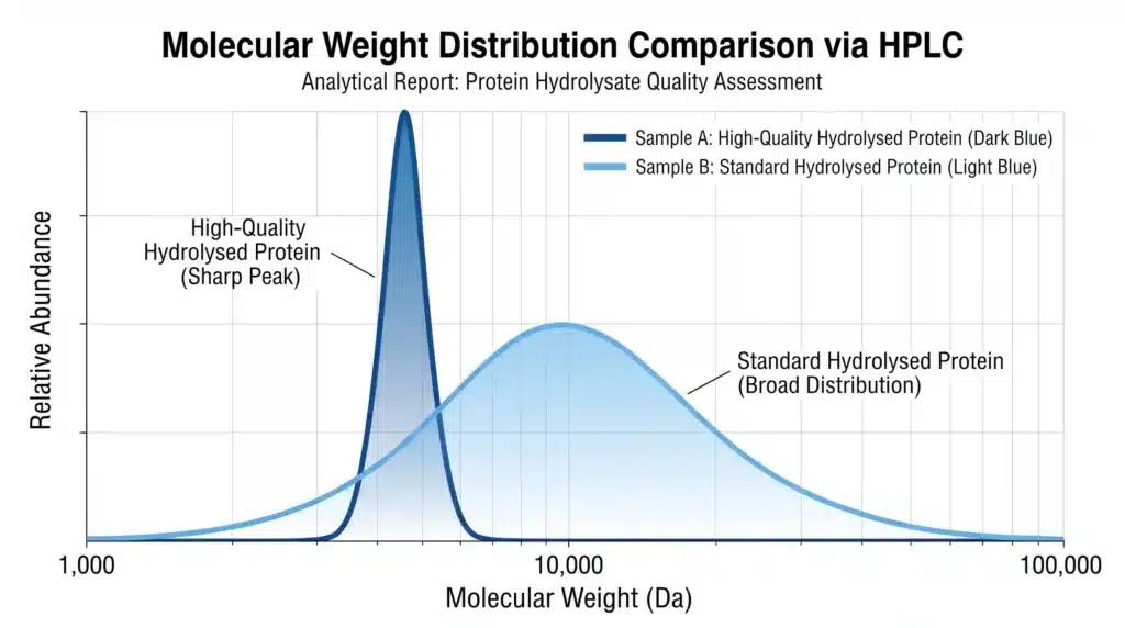 Molecular weight distribution HPLC chart for grass-fed beef protein isolate showing peak at 3,000–5,000 Daltons