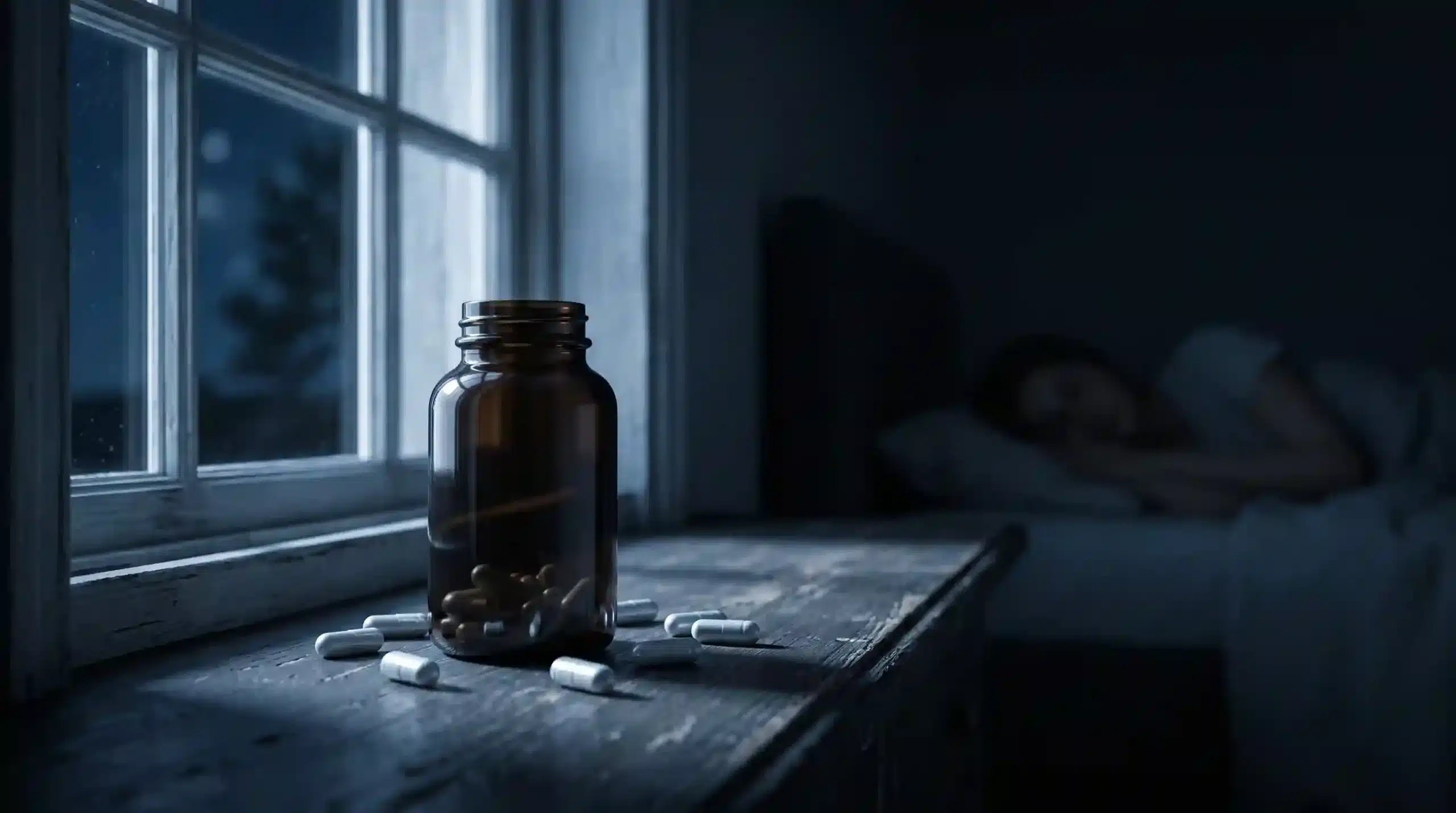 Grass-fed beef protein isolate capsules in moonlight on windowsill for overnight recovery photography