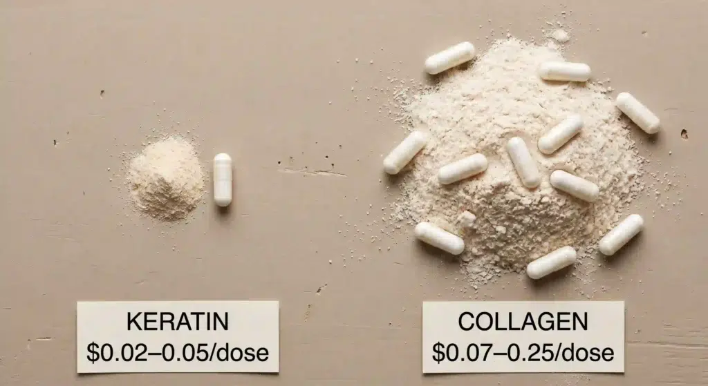 Cost per dose comparison: keratin costs $0.02-0.05 and requires 1‑2 capsules, while collagen costs $0.07-0.25 and requires 8‑16 capsules