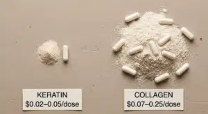 Cost per dose comparison: keratin costs $0.02-0.05 and requires 1‑2 capsules, while collagen costs $0.07-0.25 and requires 8‑16 capsules