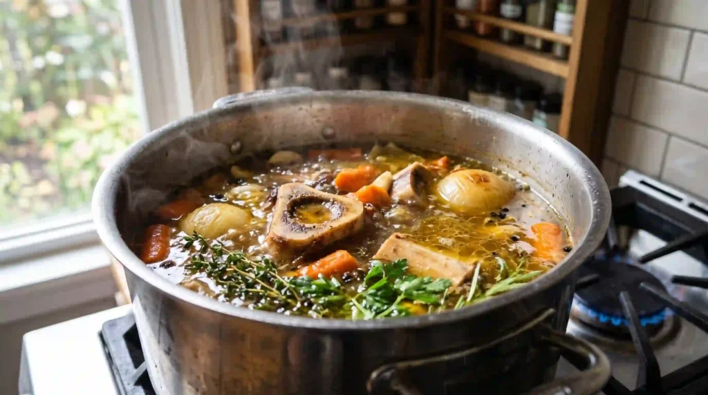 A pot of homemade high-protein bone broth simmering on a stove with visible bones, carrots, and herbs.