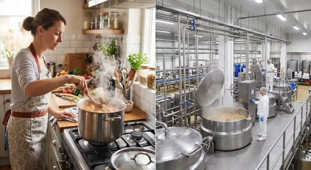 Split screen comparison of homemade bone broth kitchen vs commercial production facility
