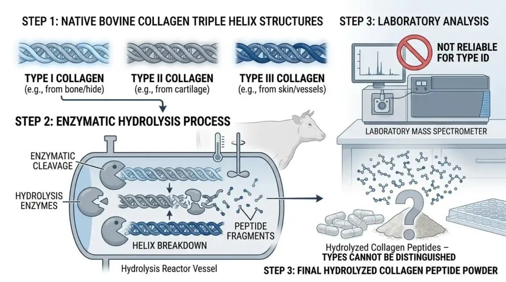 Bar chart comparing Type I to Type III collagen ratios across bovine tissues: bone, hide, tendon, and dental pulp