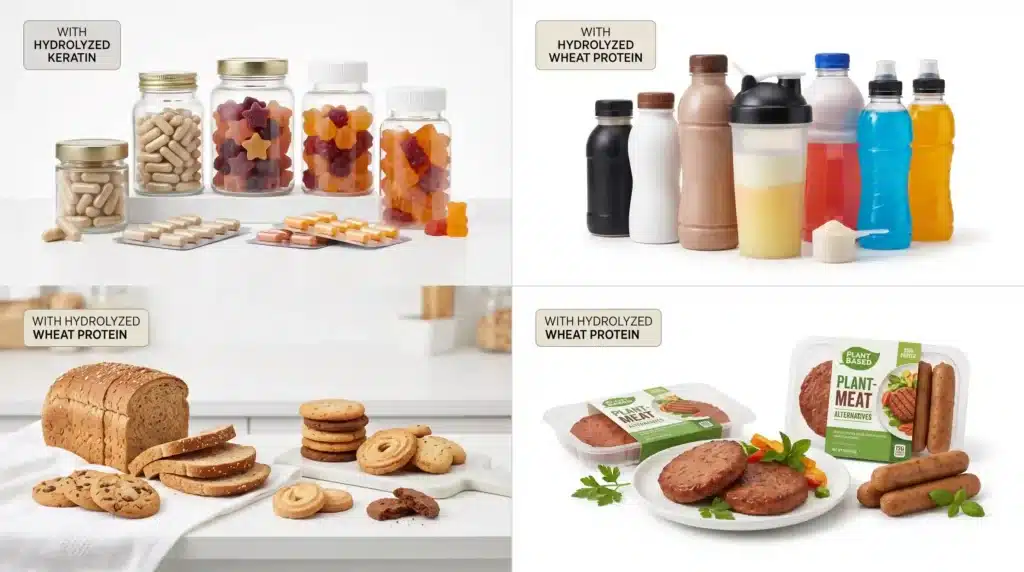 Collage of B2B application scenes showing hydrolyzed proteins used in dietary supplements, protein shakes, bakery products, and plant-based meat alternatives