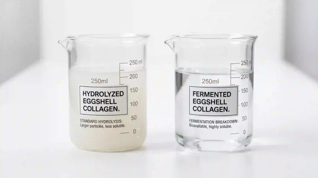 Comparison showing hydrolyzed eggshell collagen (cloudy) vs. fermented eggshell collagen (crystal clear), demonstrating superior water solubility.