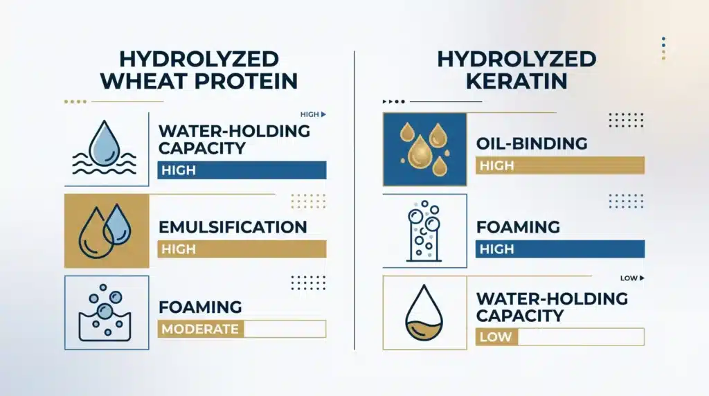 Infographic comparing functional properties of hydrolyzed wheat protein and hydrolyzed keratin including water-holding capacity, emulsification, oil-binding, and foaming