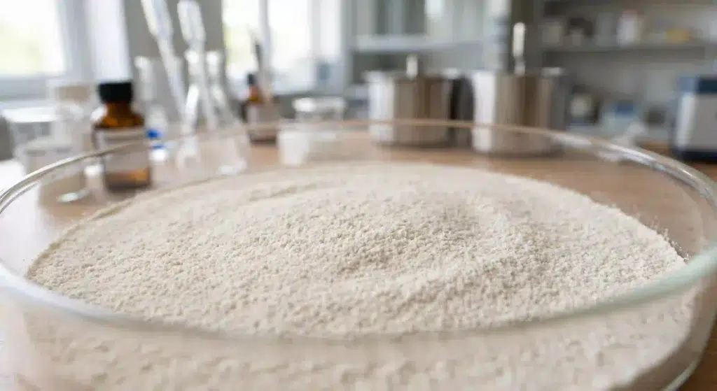 Close‑up macro of fine hydrolyzed keratin powder on a glass dish, showing off‑white color and uniform particle size.
