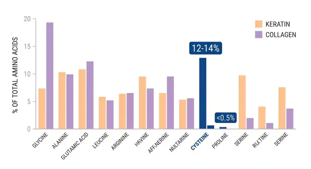 Amino acid bar chart comparing keratin and collagen, highlighting cysteine 12-14% in keratin vs less than 0.5% in collagen