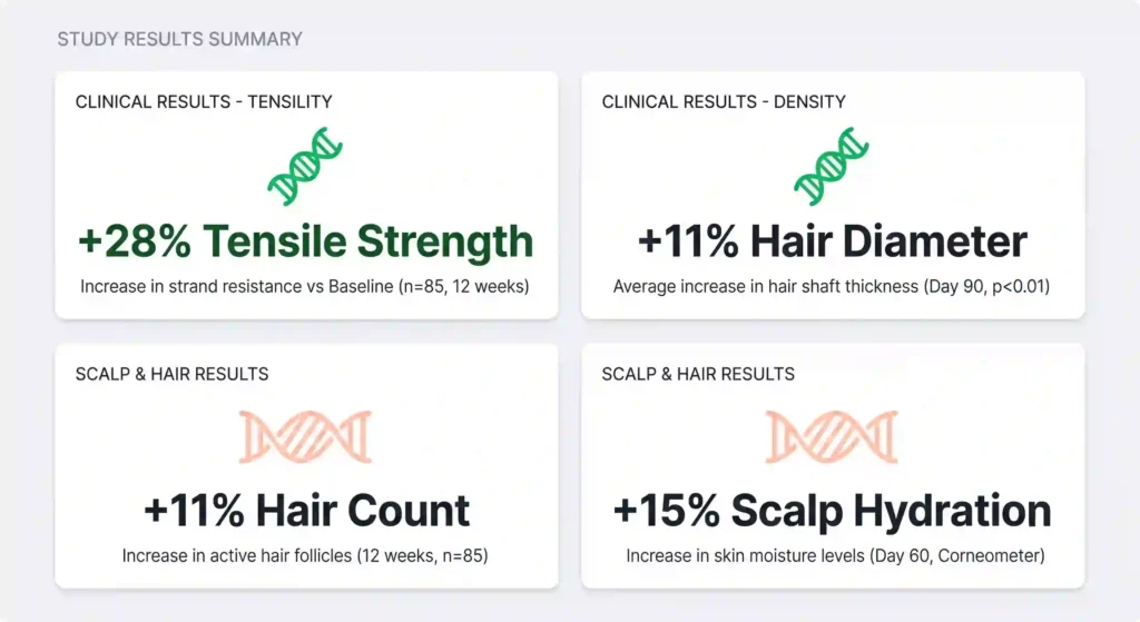 Four clinical data cards showing keratin improved tensile strength 28% and diameter 11%, while collagen improved hair count 11% and scalp hydration 15%