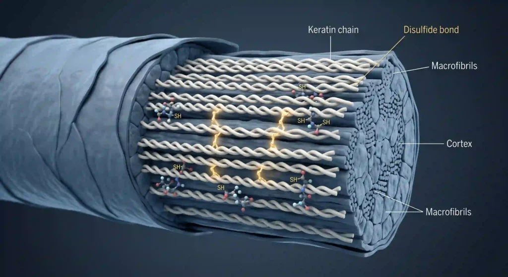 3D illustration of hair cortex keratin filaments connected by disulfide bonds made from cysteine