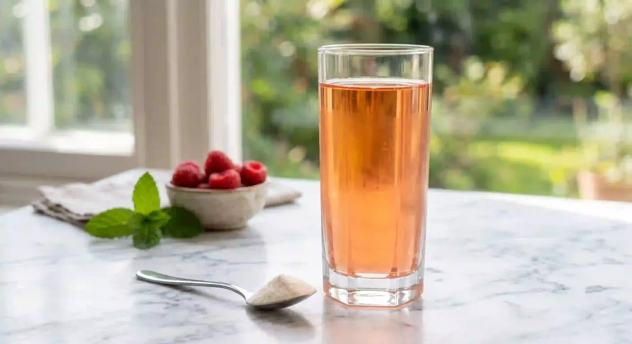 Clear glass of fruit‑flavored beverage with hydrolyzed keratin dissolved, no visible sediment, fresh fruit beside it.