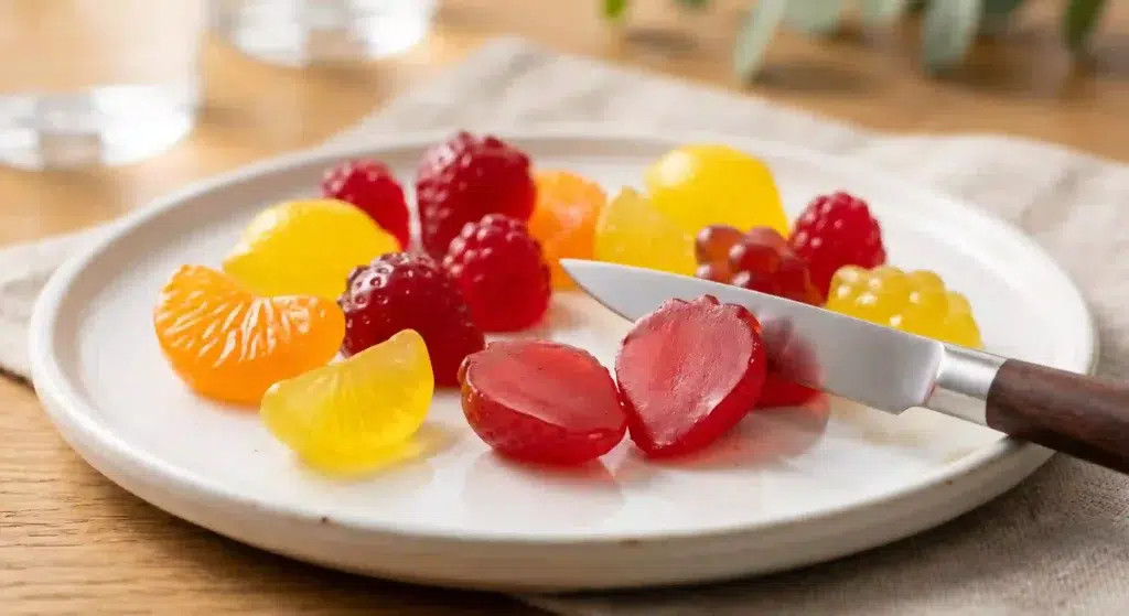 Colorful fruit‑shaped keratin gummies on a plate, one gummy cut in half showing uniform interior texture.