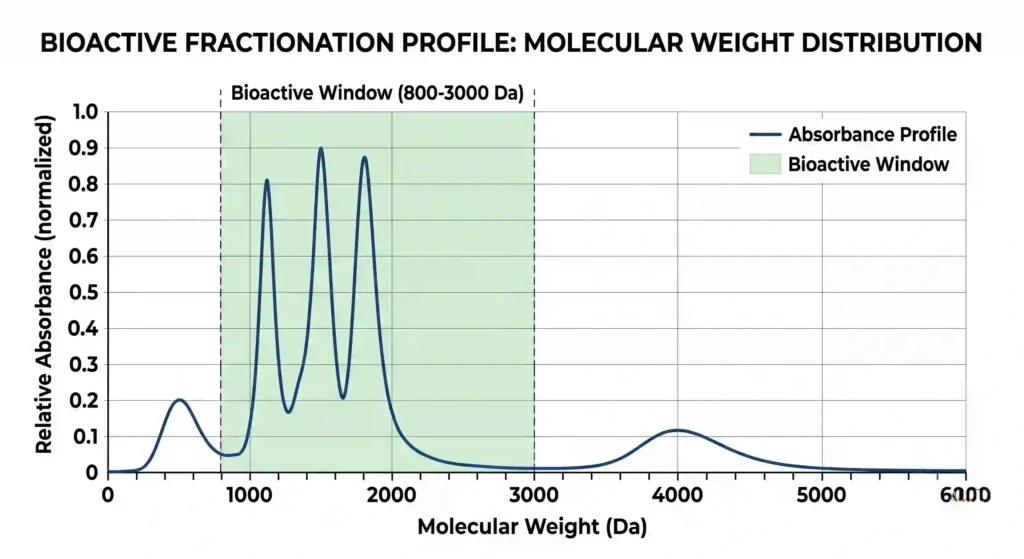 GPC chromatogram showing molecular weight distribution of hydrolyzed keratin peptides, with main peaks in the 800–3000 Da range.