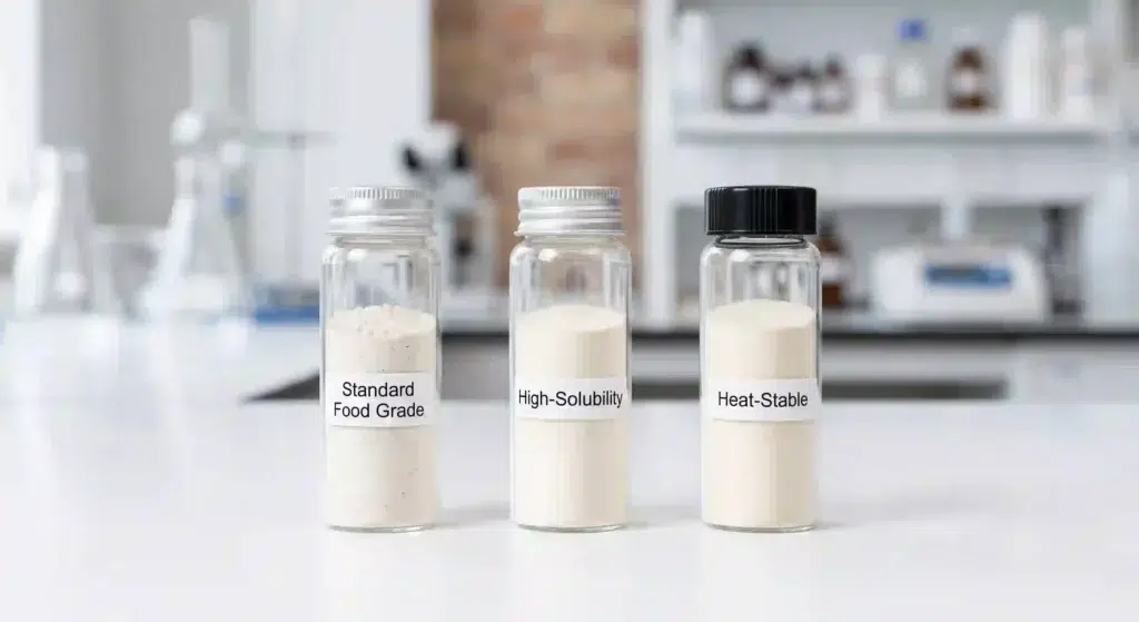 Three labeled glass vials containing different food‑grade keratin powder grades: standard, high‑solubility, and heat‑stable.