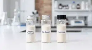 Three labeled glass vials containing different food‑grade keratin powder grades: standard, high‑solubility, and heat‑stable.