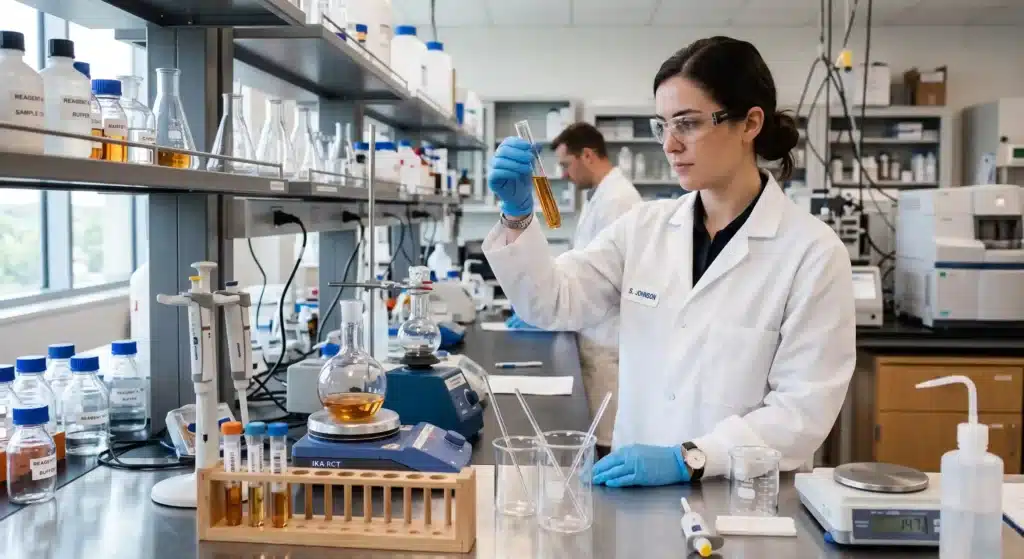 Laboratory technician testing protein content in beef bone broth sample