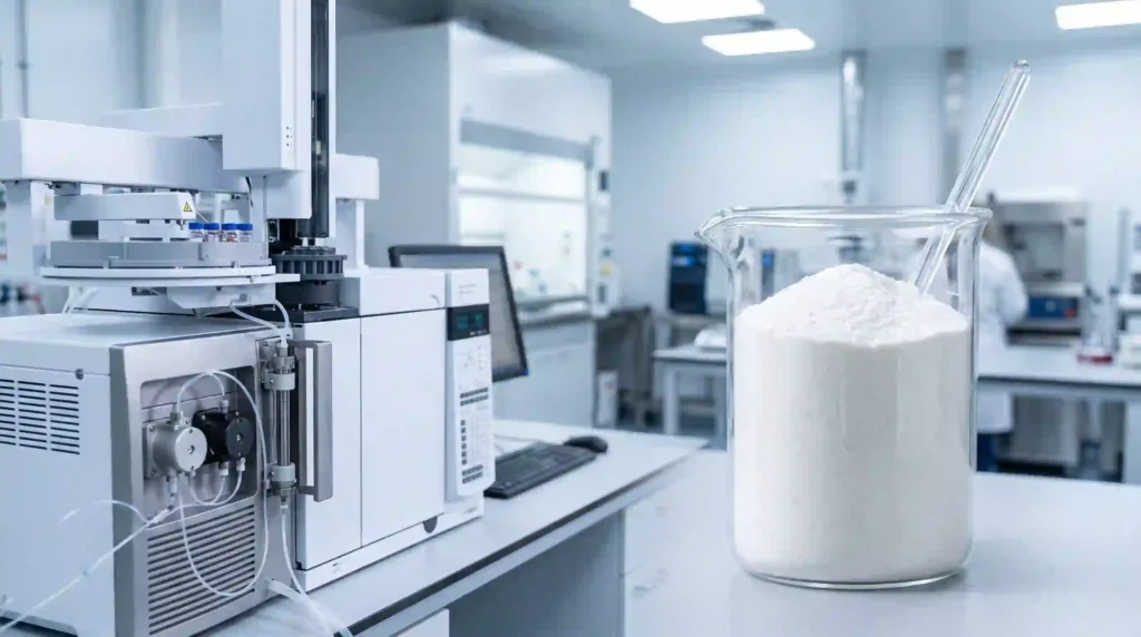 Laboratory analysis equipment next to raw marine collagen peptide powder, ensuring strict molecular weight specifications.