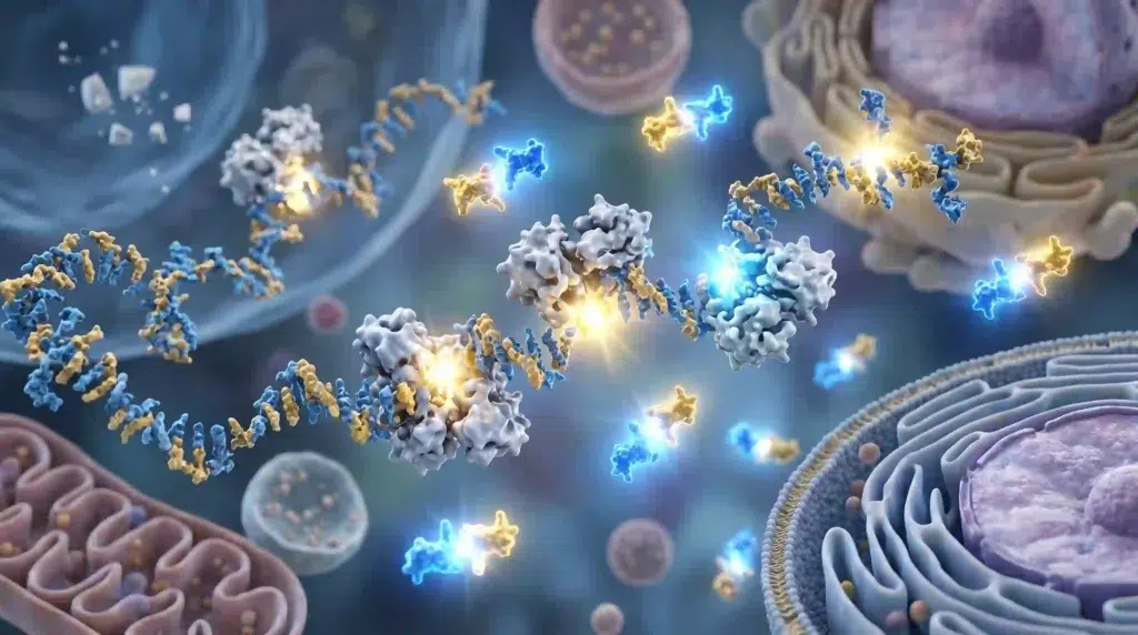 3D molecular render showing marine collagen peptides effects and cellular signaling mechanisms at the microscopic level.