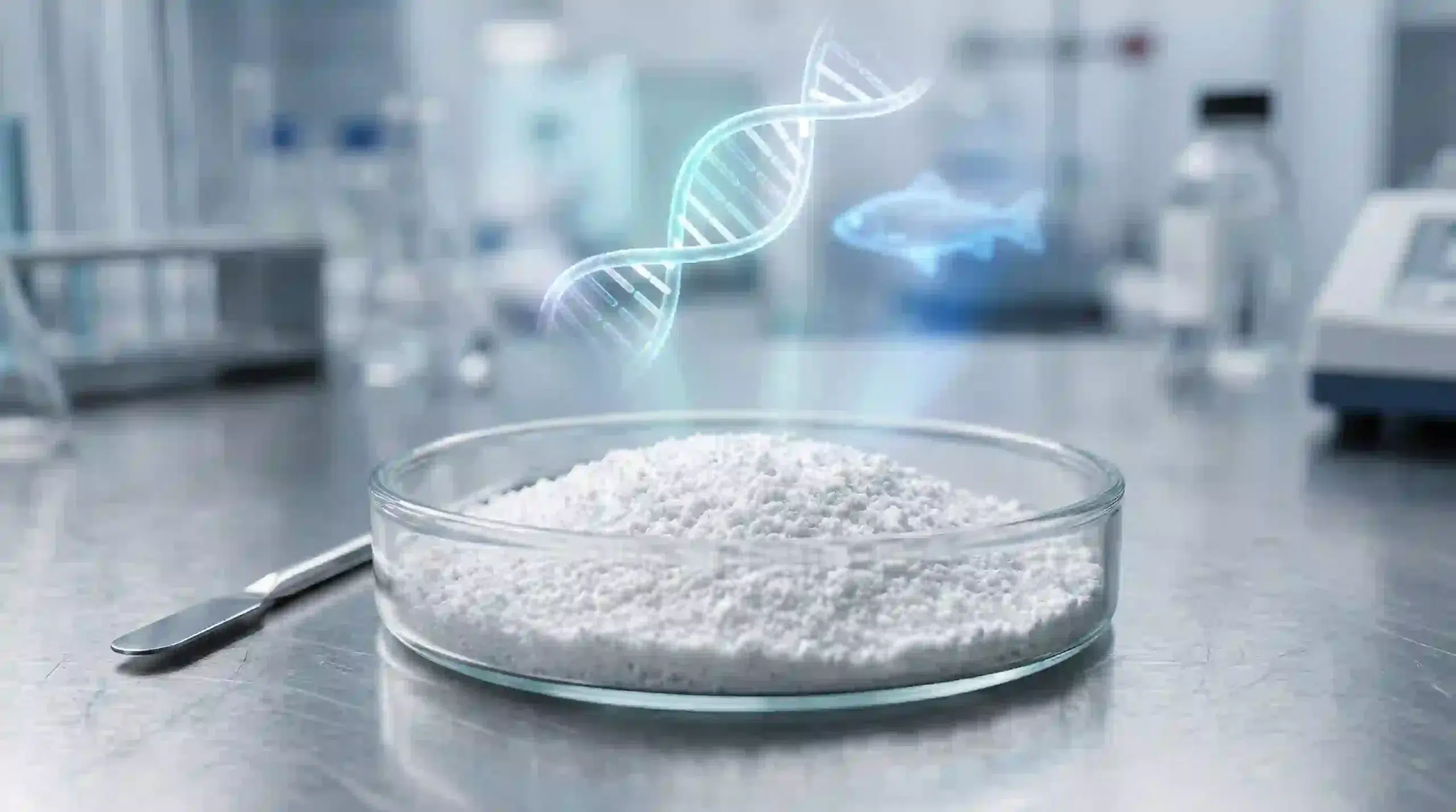High-purity marine collagen peptides powder in a laboratory setting demonstrating advanced biotechnological extraction.