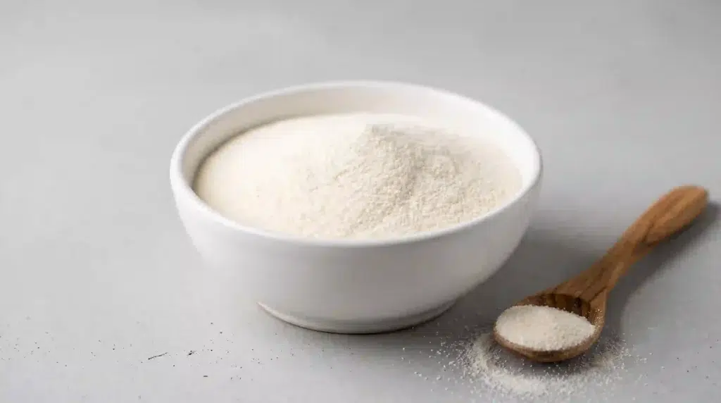 Marine collagen peptides powder in a ceramic bowl showing fine texture