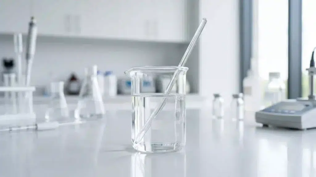 Perfectly clear liquid formulation in a beaker demonstrating the high solubility and diverse marine collagen peptides uses in RTD beverages.