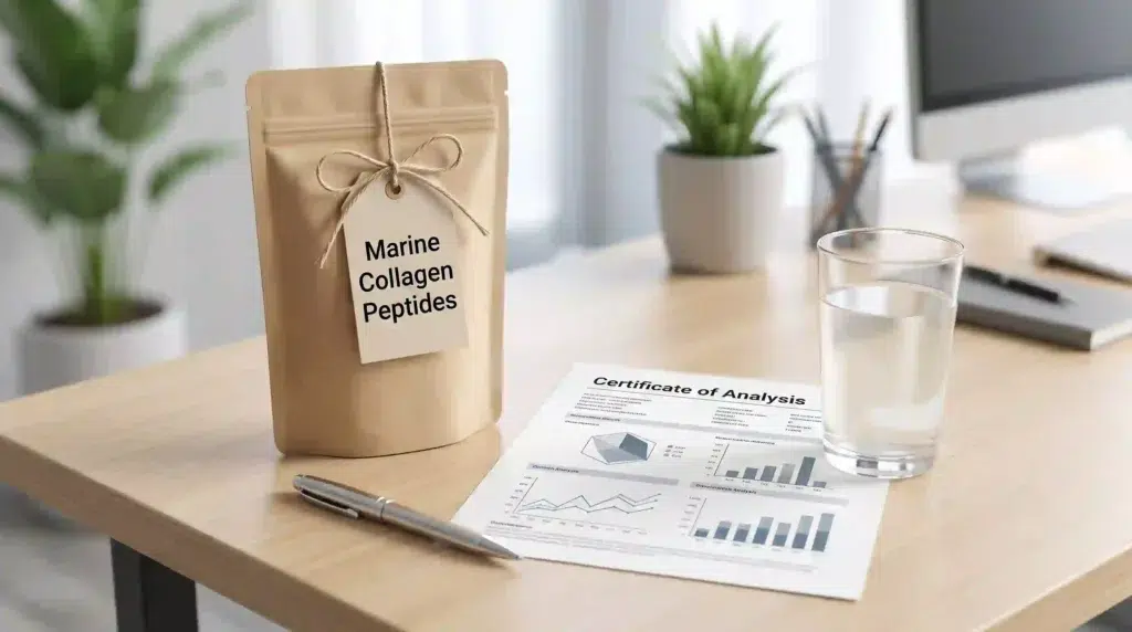 Wholesale marine collagen peptides powder sample with Certificate of Analysis on desk