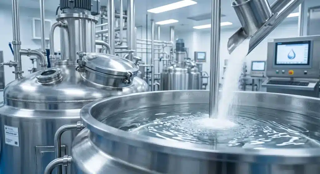 Stainless steel factory tanks mixing soluble hydrolyzed fish collagen.