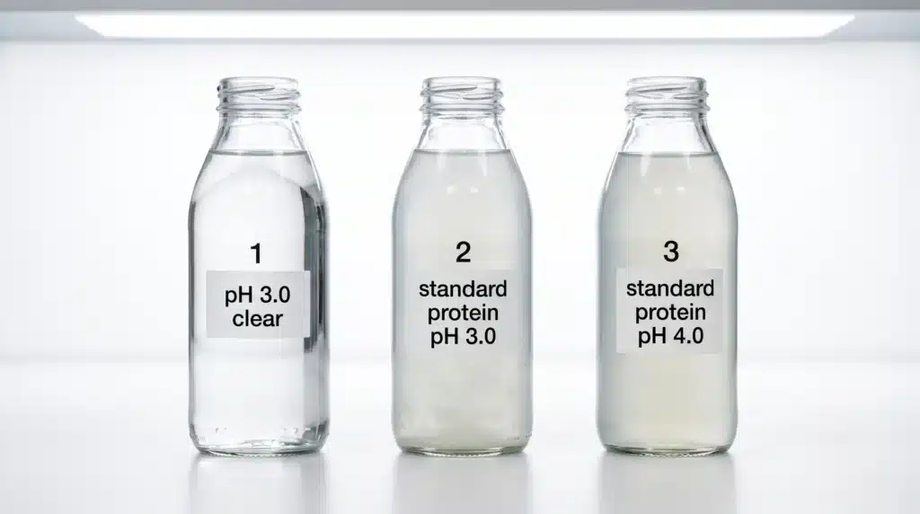 Side-by-side comparison of RTD protein beverage clarity at pH 3.0 showing standard protein turbidity vs hydrolyzed Bovine Collagen Type I & III transparency.