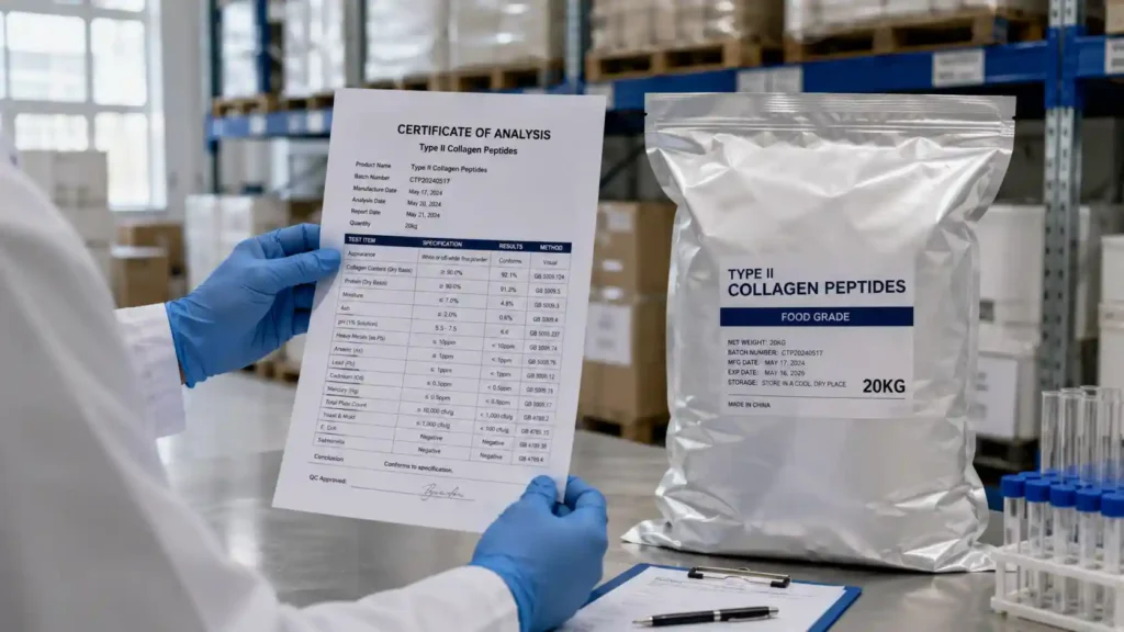 Quality assurance technician verifying Certificate of Analysis for Atnutra wholesale collagen powder batch.