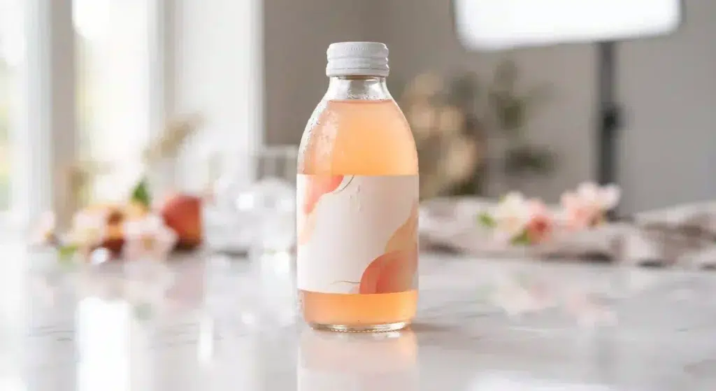 Ready‑to‑drink collagen peptide beverage in a clear glass bottle