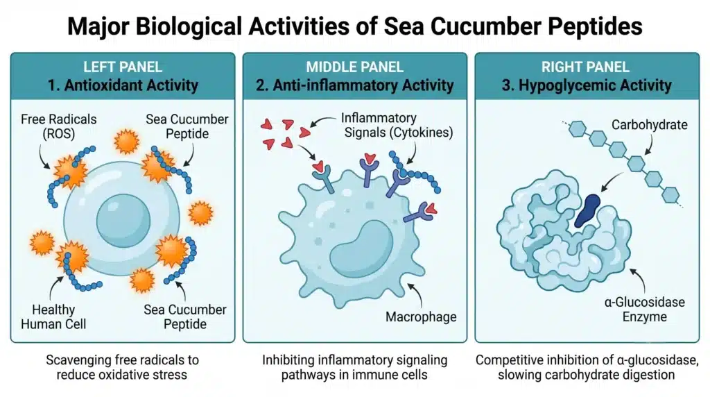 Molecular structure of anti-inflammatory peptides derived from sea cucumber protein with bioactivity data chart