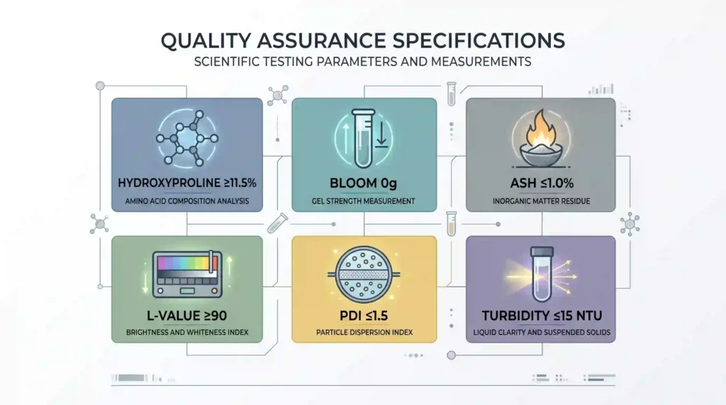 Six collagen quality benchmarks: hydroxyproline, Bloom, ash, L-value, PDI, turbidity