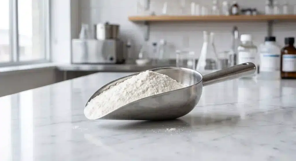 Type 1 and 3 bovine collagen peptide powder in a stainless steel scoop