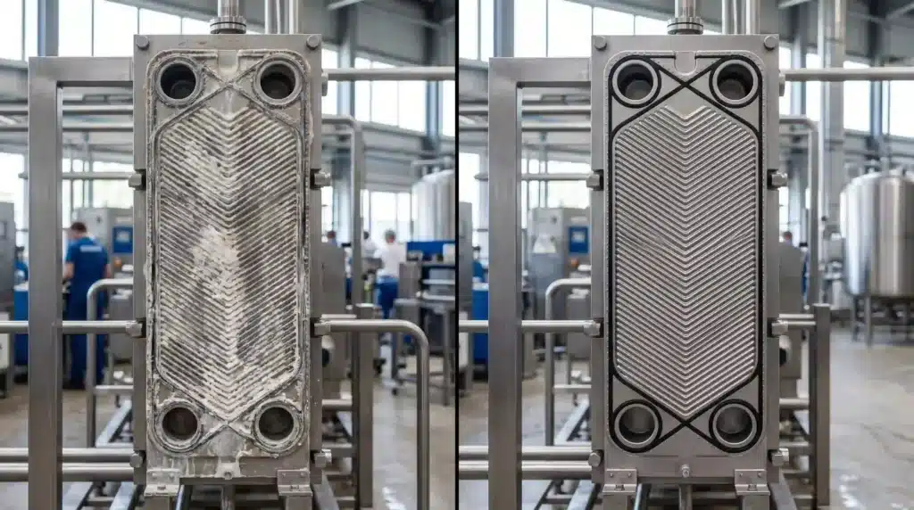 UHT plate heat exchanger showing protein burn-on fouling vs clean surface after using hydrolyzed Bovine Collagen Type I & III in RTD beverage production.