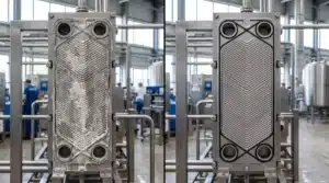 UHT plate heat exchanger showing protein burn-on fouling vs clean surface after using hydrolyzed Bovine Collagen Type I & III in RTD beverage production.